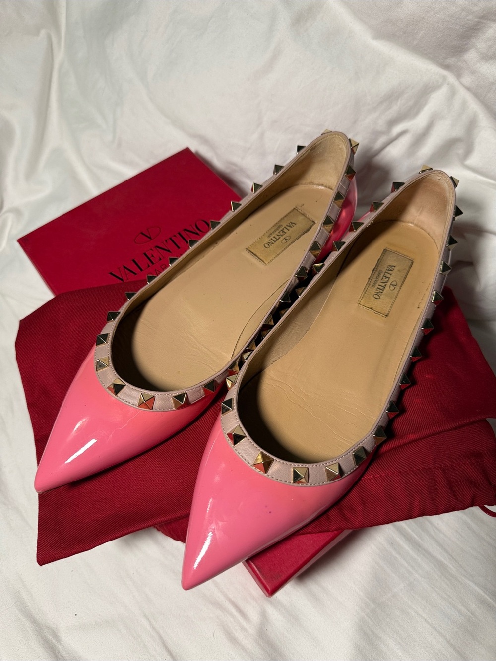 Valentino Pink Patent Pointed Rockstud Flats